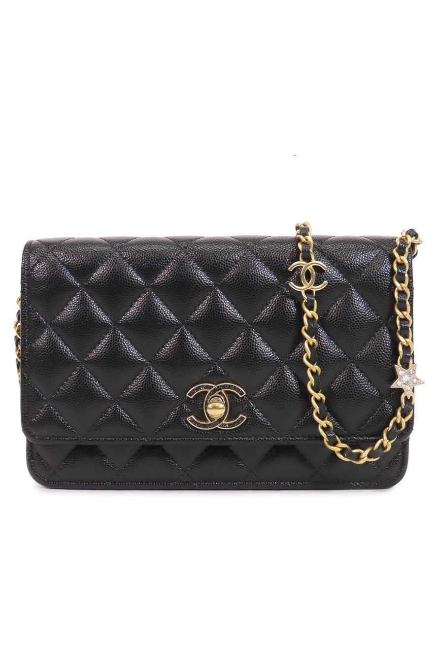 Chanel Chain Wallet Black Gold Caviar Leather Quilted Pochette Shoulder Bag